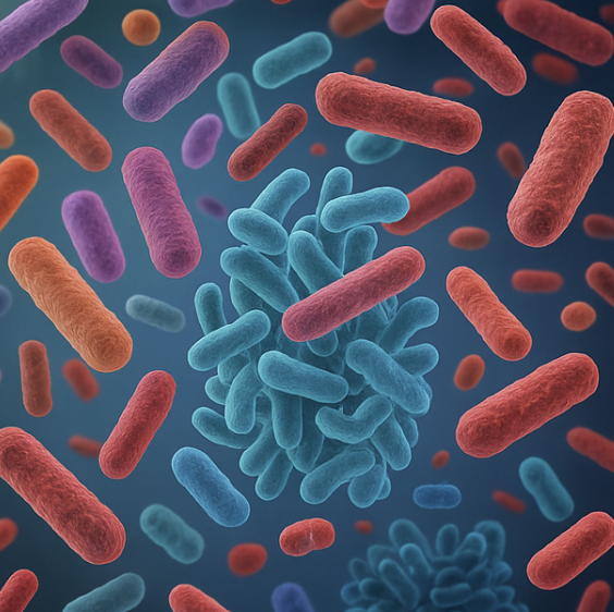 3D-Darstellung verschiedener Darmbakterien in leuchtenden Farben – Symbol für ein vielfältiges Mikrobiom und gesunde Darmflora